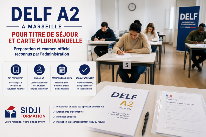 réparation au DELF A2 à Marseille dans le cadre d’une demande de titre de séjour ou de carte pluriannuelle avec accompagnement personnalisé et examens reconnus.