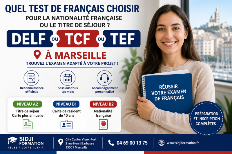 Quel test de français B2 choisir pour la nationalité française ou le titre de séjour à Marseille : DELF, TCF ou TEF avec SIDJI FORMATION ?