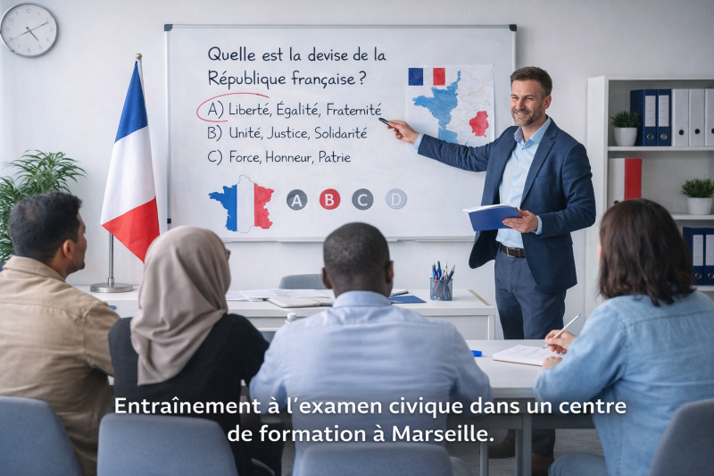 Préparation à l’examen civique à Marseille avec mise en situation et entraînement aux questions essentielles.