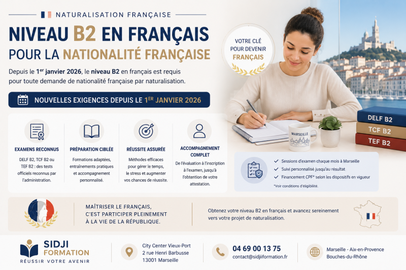 Niveau B2 en français pour la nationalité française à Marseille : ce qui change depuis le 1er janvier 2026 avec SIDJI FORMATION
